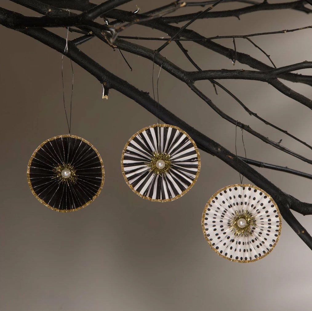 Bethany Lowe New! Black & White Rosette Ornaments 3 Bethany Lowe New! Black & White Rosette Ornaments