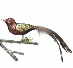 Old German Christmas Brown Bird Clip With Gold Glitter & Feather Tail