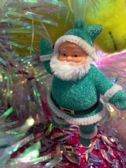 One Hundred 80 Degrees Colorful Retro Santa Ornaments, Flocked New!