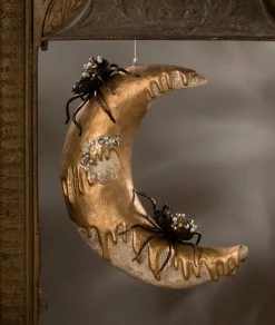 Bethany Lowe New! Dripping Gold Moon With Spiders, Paper Mache
