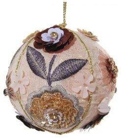 ShiShi Fabric Ball Ornament With Beaded And Embroidered Flowers, Pink Christmas