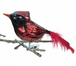 Old German Christmas Fat Cardinal Glass Clip-On Ornament With Feathers