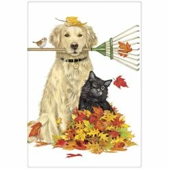 Mary Lake-Thompson Golden Retriever & Cat Raking Leaves Towel New!