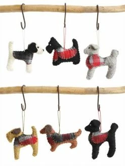 Creative Co-Op Christmas Holiday Dogs In Plaid Jackets - Wool Ornaments