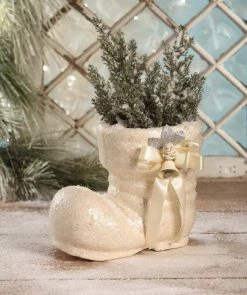 Bethany Lowe Vintage Ivory Santa Boot - Paper Mache