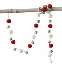 Creative Co-Op Jingle Bell Garland With Red And Cream Pom Poms