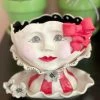 Teyros Lady Head Art Pottery Planter With Tray, Red Bow New! 2 Teyros Lady Head Art Pottery Planter With Tray, Red Bow New!