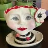 Teyros Lady Head Art Pottery Planter With Tray, Love Bird
