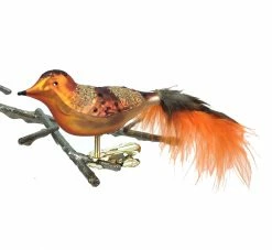 Old German Christmas Orange & Brown Bird With Feathers Ornament Clip