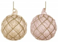 ShiShi Pink & Champange Quilted Glass Ornaments With Glitter, Set Of 4 Christmas