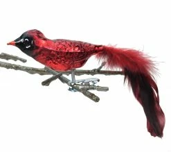 Old German Christmas Glass Red Cardinal Clip-On Ornament With Feathers