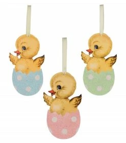 Bethany Lowe Retro Easter Chicks In Polka Dot Egg Ornaments