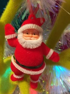 One Hundred 80 Degrees Colorful Retro Santa Ornaments, Flocked New!