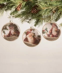 Bethany Lowe Vintage Santa & Holly Glass Disc Ornaments New!