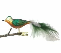 Old German Christmas Orange & Green Glitter Bird Clip With Feathers